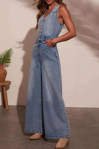 V-neck Wide Leg Denim Jumpsuit.