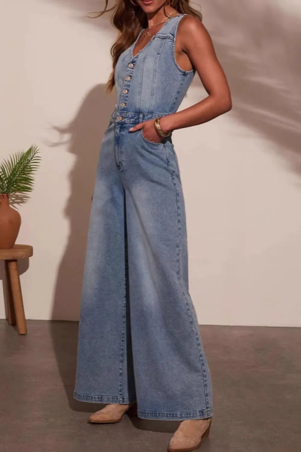 V-neck Wide Leg Denim Jumpsuit.