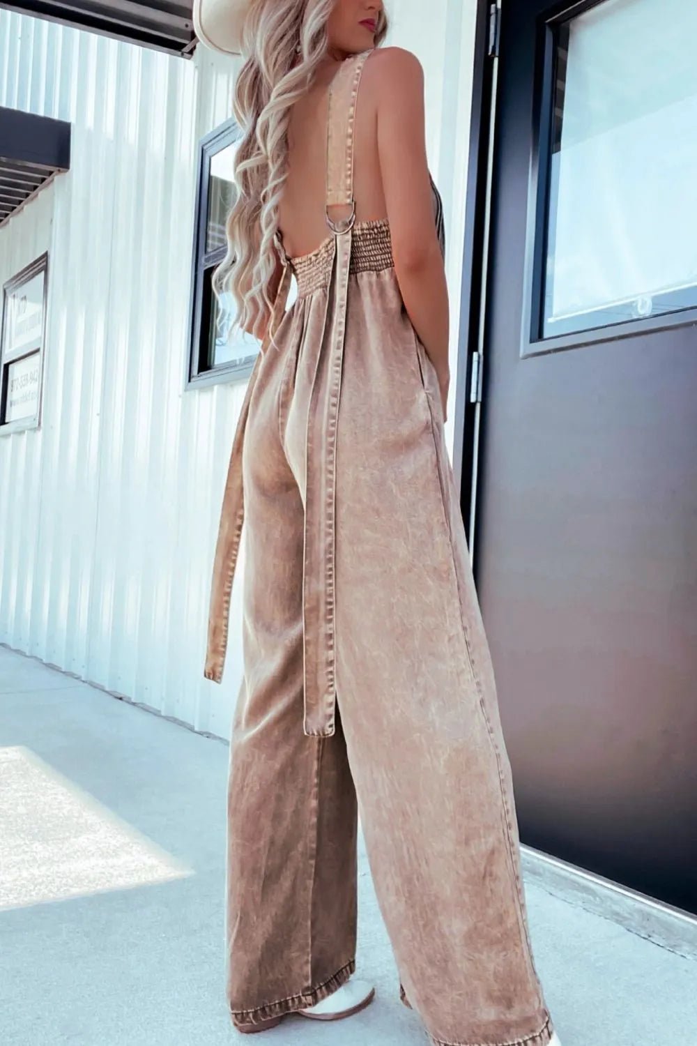 V-Neck Wide Leg Denim Jumpsuit.