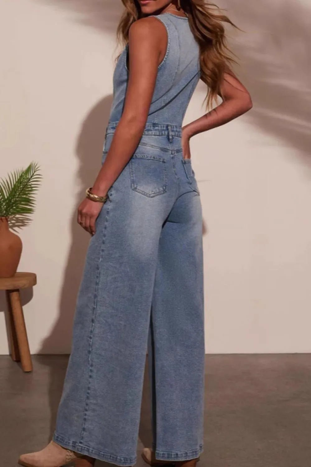 V-neck Wide Leg Denim Jumpsuit.