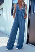 V-Neck Wide Leg Denim Jumpsuit.