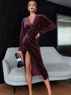 Velvet Ruched Slit Midi Dress.