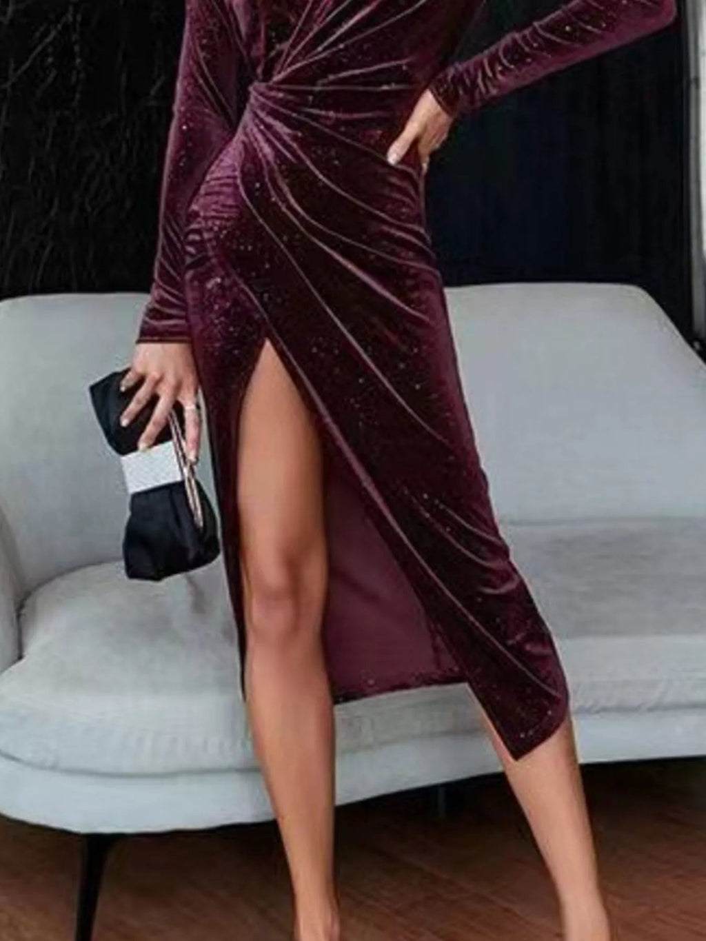 Velvet Ruched Slit Midi Dress.