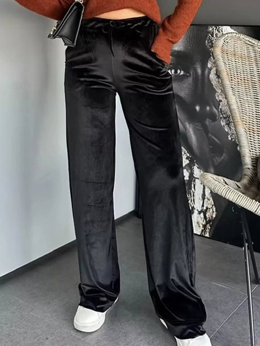 Elegant velvet wide leg pants offering comfort and style for formal occasions.