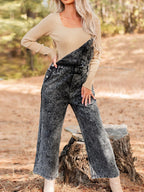 Vintage Washed Wide Leg Denim Overalls with Front Pockets.