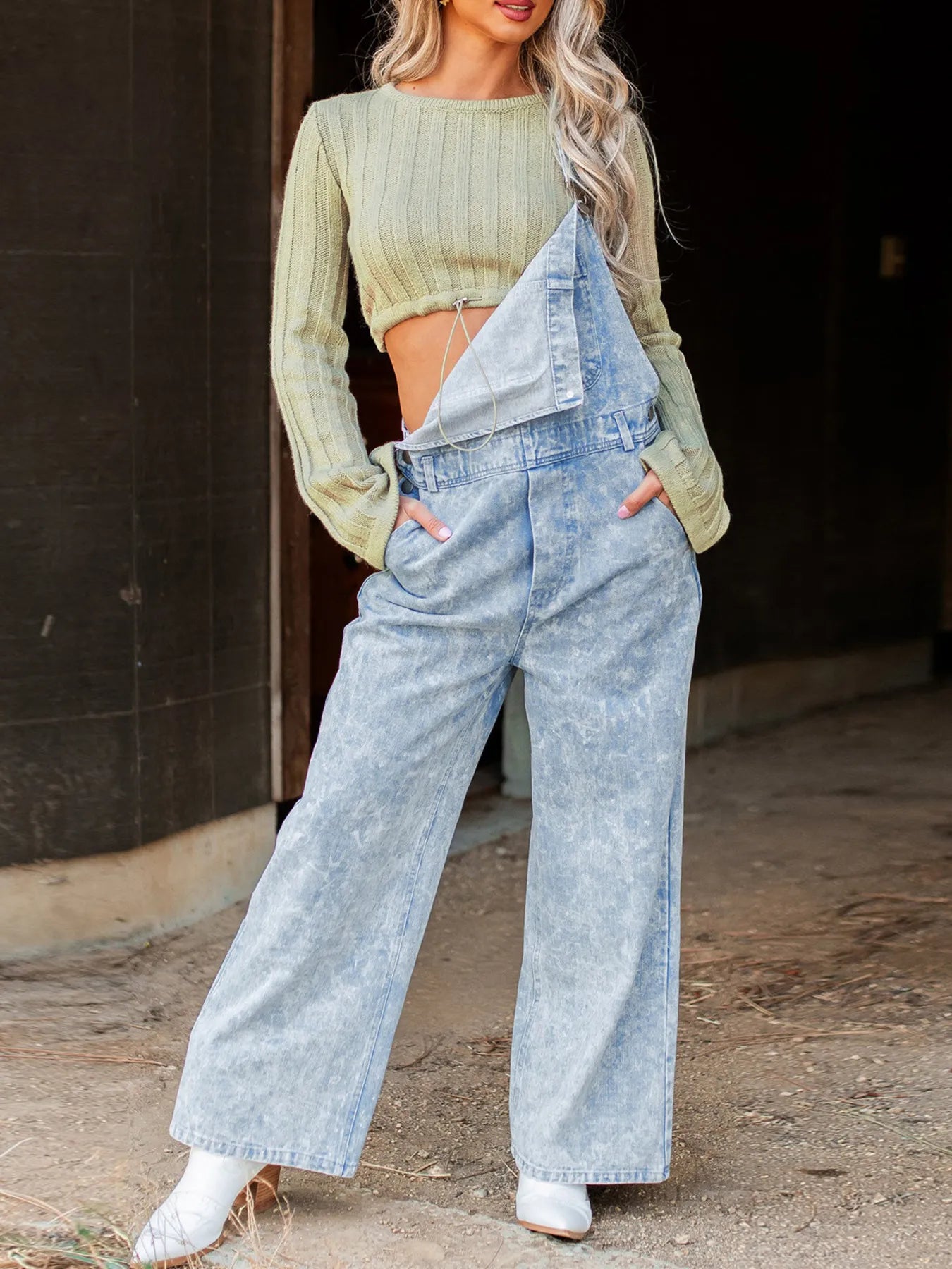 Vintage Washed Wide Leg Denim Overalls with Front Pockets.