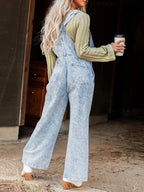 Vintage Washed Wide Leg Denim Overalls with Front Pockets.