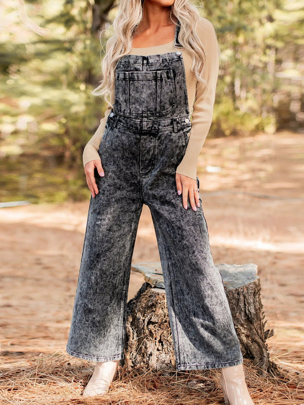 Vintage Washed Wide Leg Denim Overalls with Front Pockets.