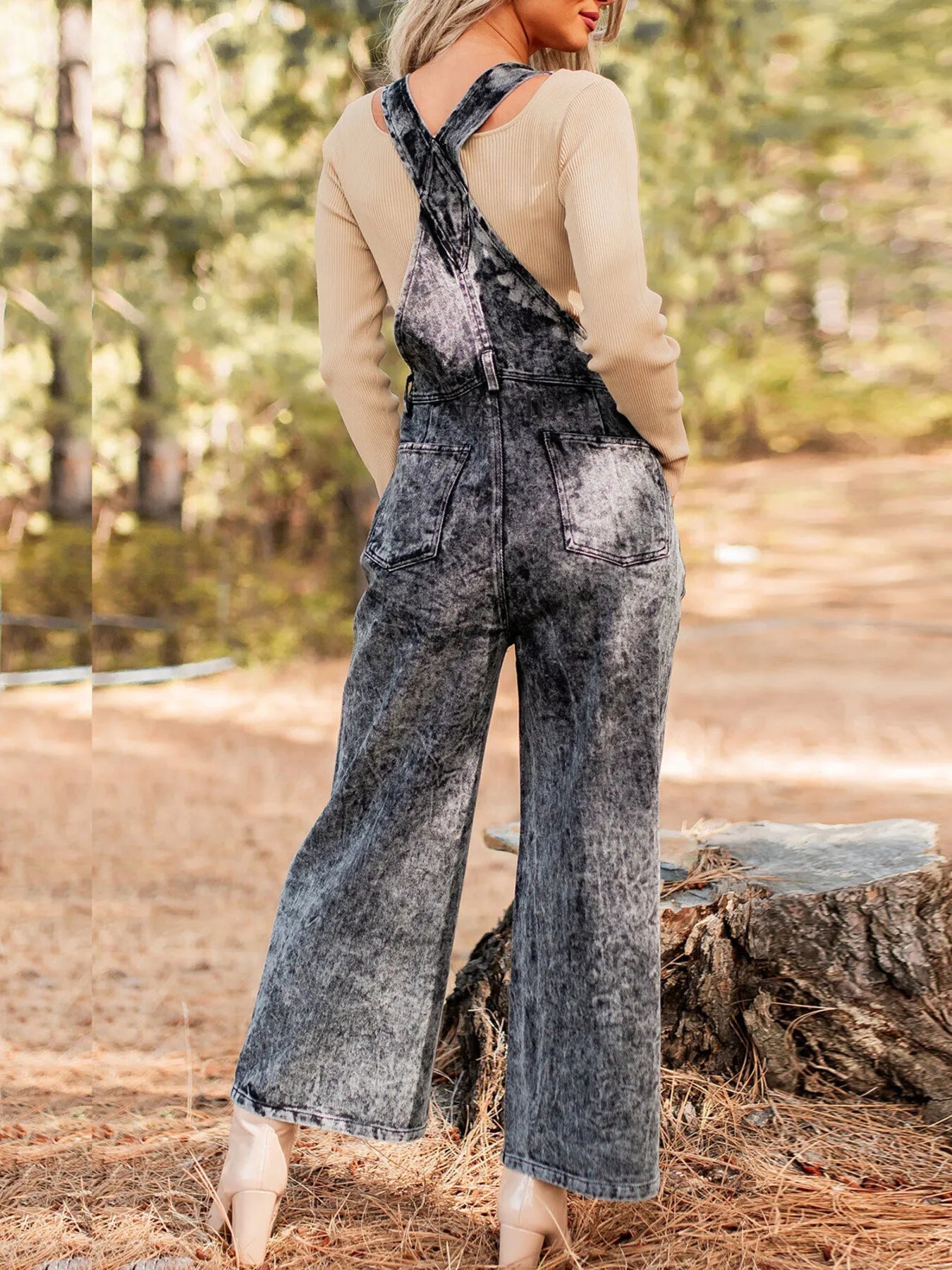 Vintage Washed Wide Leg Denim Overalls with Front Pockets.