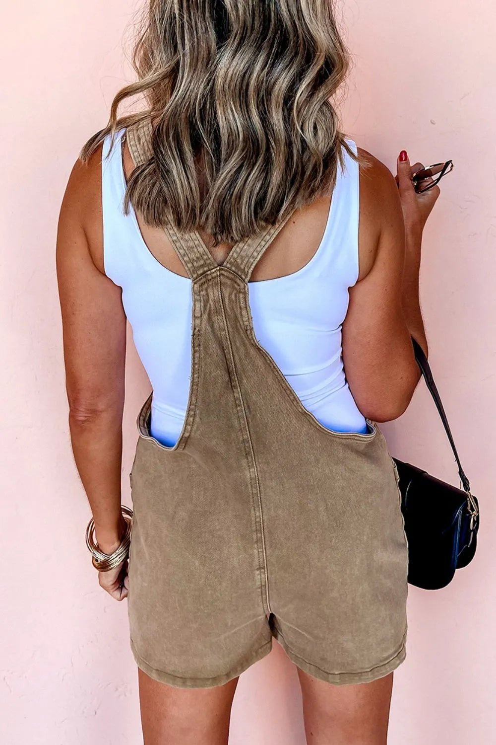 Washed Square Neck Denim Overall Shorts.