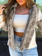 Western Aztec Print Color Block Patchwork Drawstring Hooded Shacket.