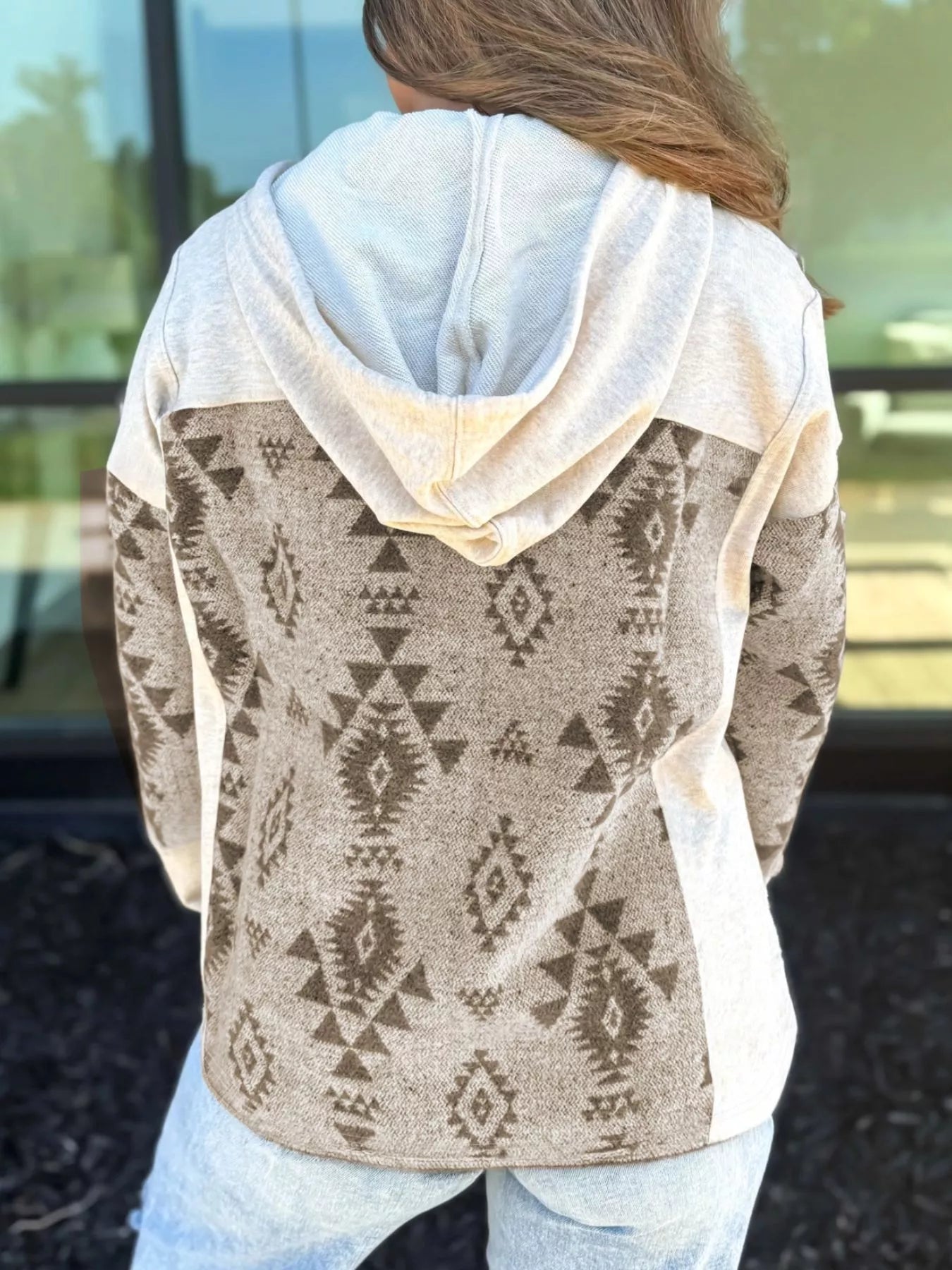 Western Aztec Print Color Block Patchwork Drawstring Hooded Shacket.