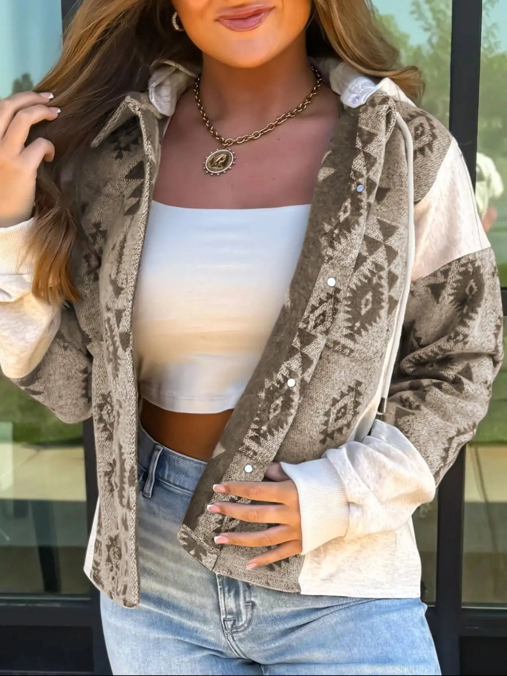 Western Aztec Print Color Block Patchwork Drawstring Hooded Shacket.