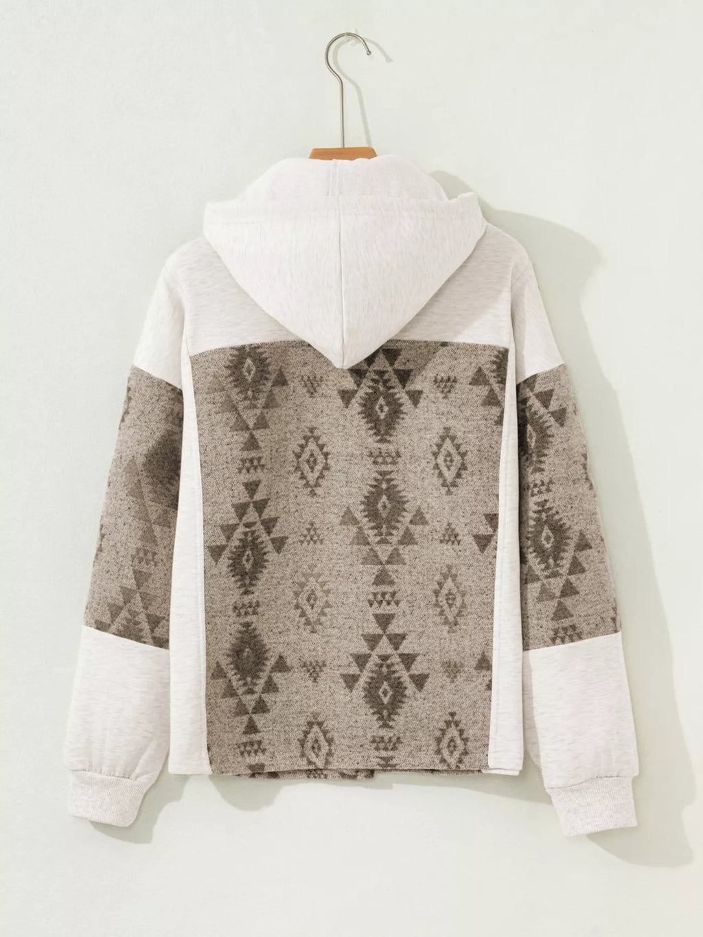 Western Aztec Print Color Block Patchwork Drawstring Hooded Shacket.