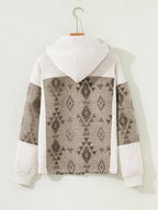 Western Aztec Print Color Block Patchwork Drawstring Hooded Shacket.