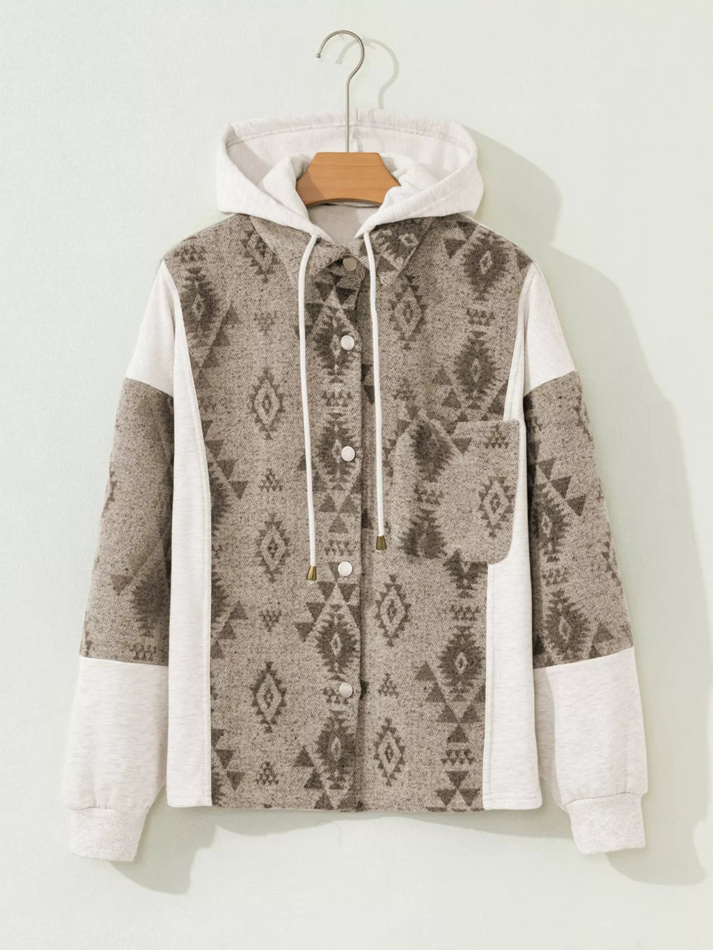 Western Aztec Print Color Block Patchwork Drawstring Hooded Shacket.
