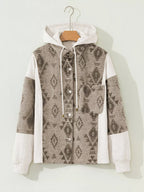 Western Aztec Print Color Block Patchwork Drawstring Hooded Shacket.