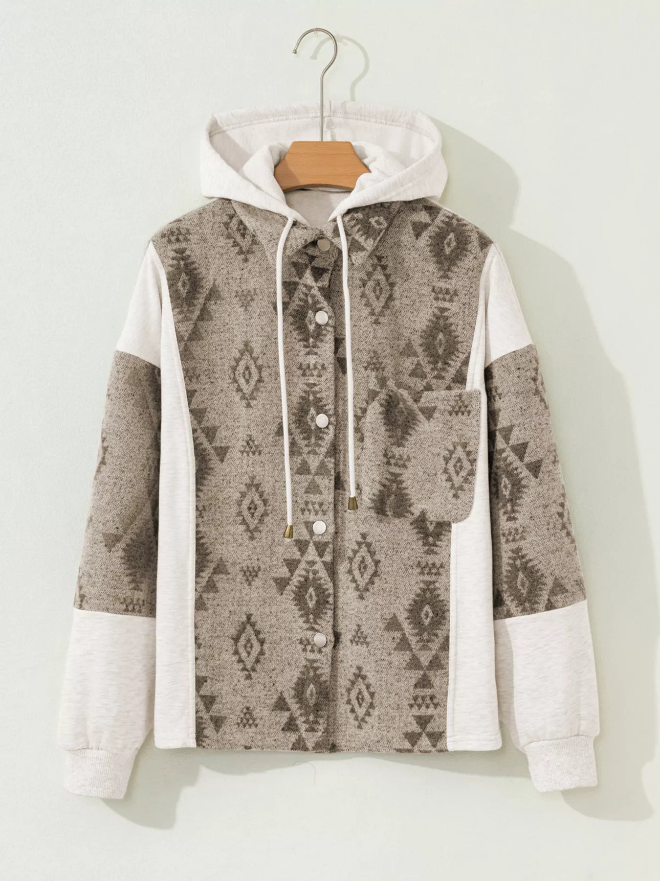 Western Aztec Print Color Block Patchwork Drawstring Hooded Shacket.