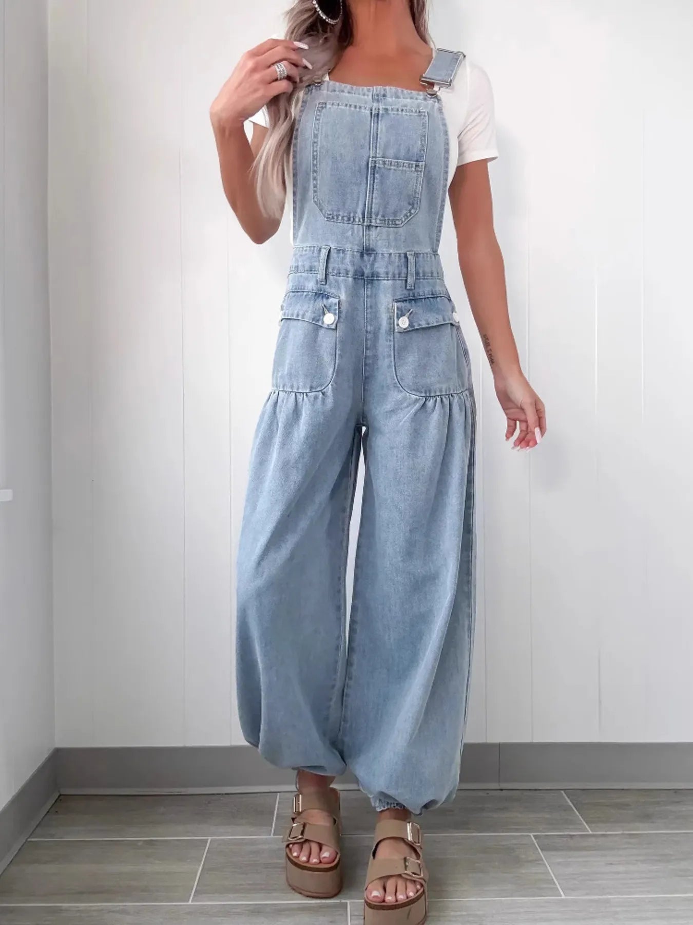 Wide Leg Denim Overalls.
