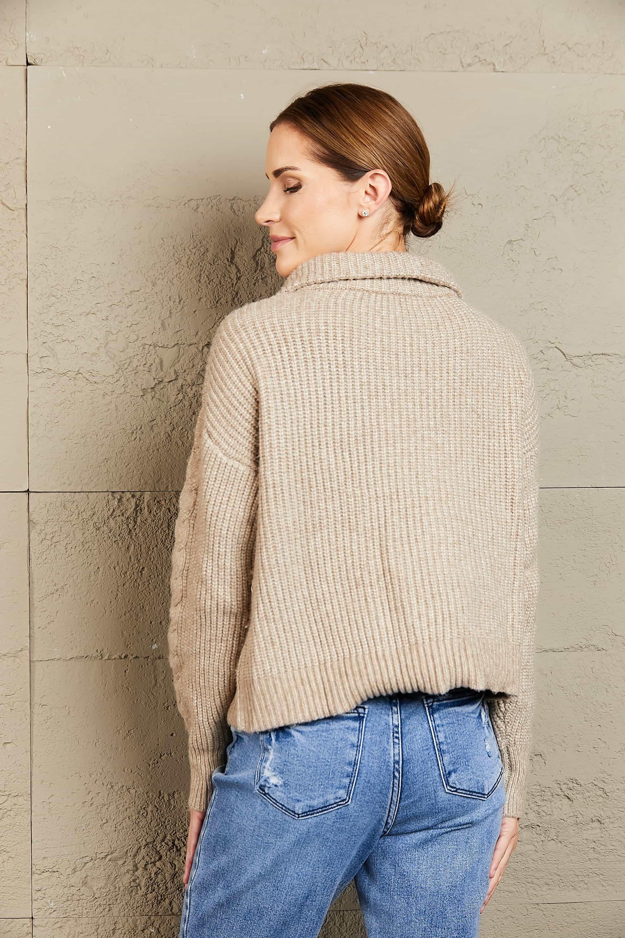 Woven Right Half Zip Mixed Knit Collared Sweater.