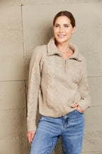 Woven Right Half Zip Mixed Knit Collared Sweater.