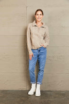 Woven Right Half Zip Mixed Knit Collared Sweater.