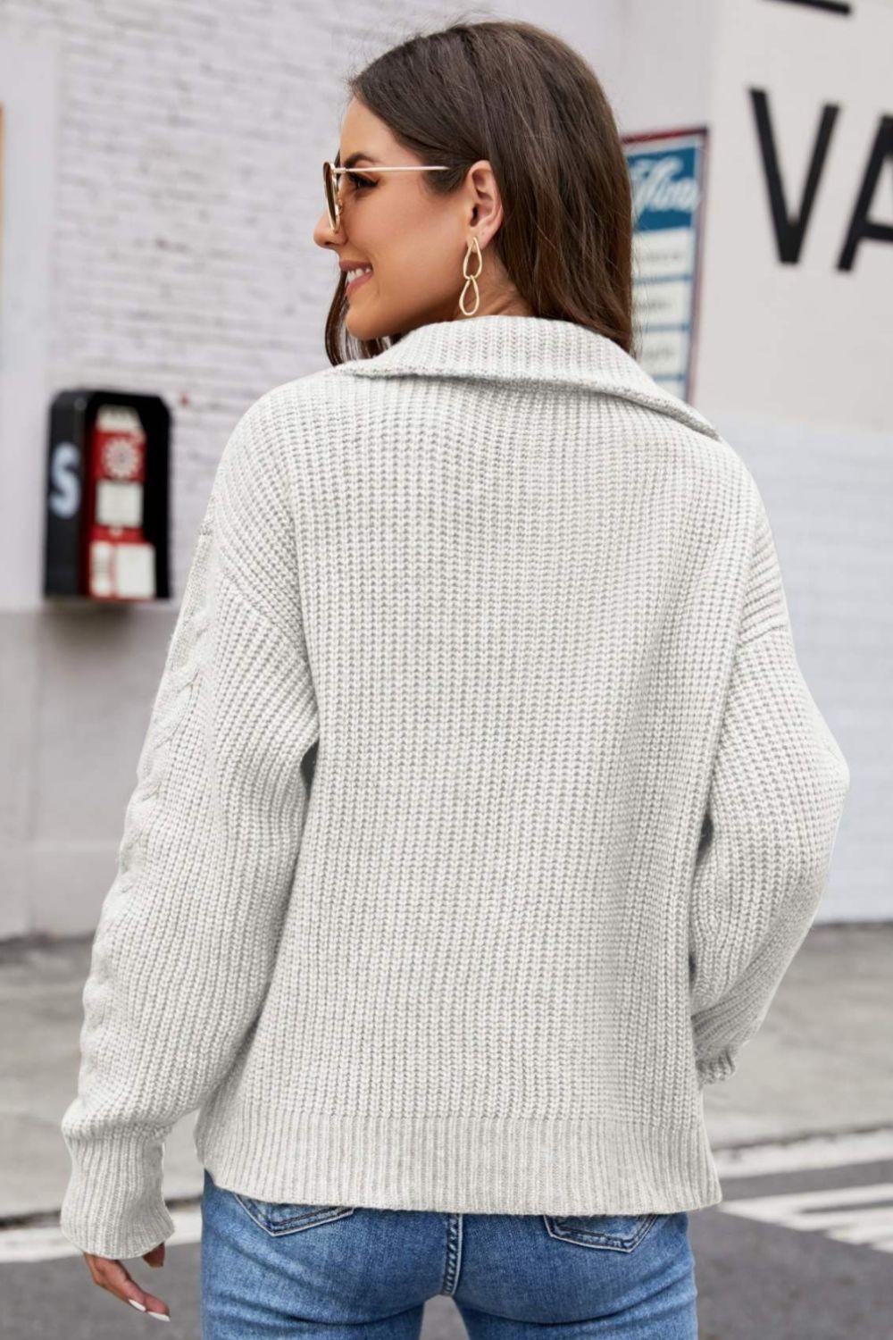 Woven Right Half Zip Mixed Knit Collared Sweater.