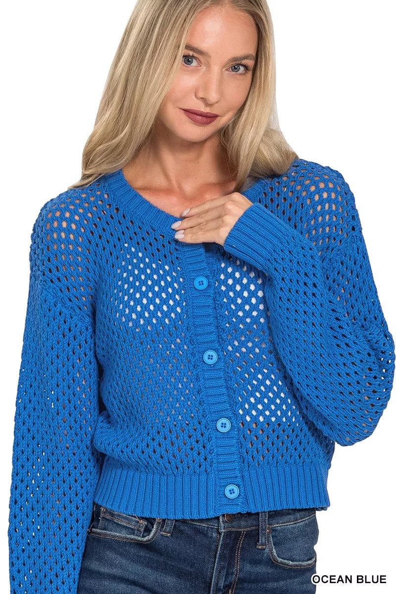 Zenana Button Down Lightweight Crochet Cardigan Sweater.