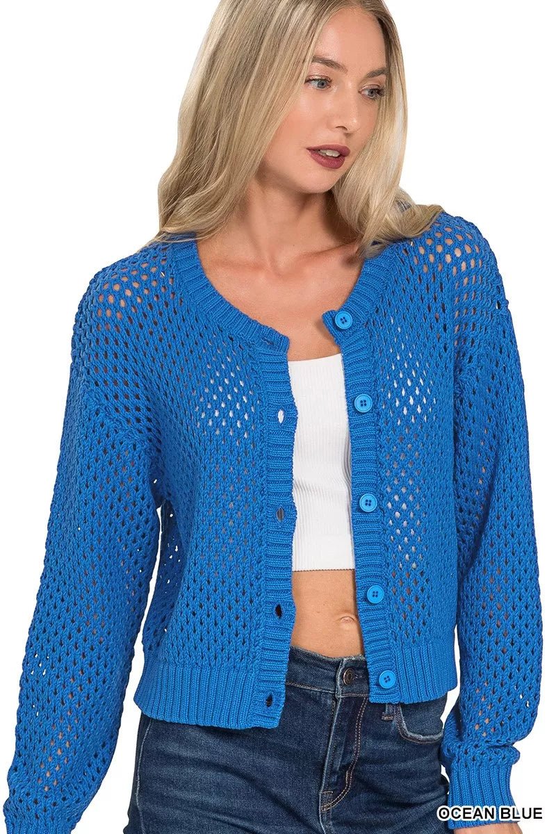 Zenana Button Down Lightweight Crochet Cardigan Sweater.
