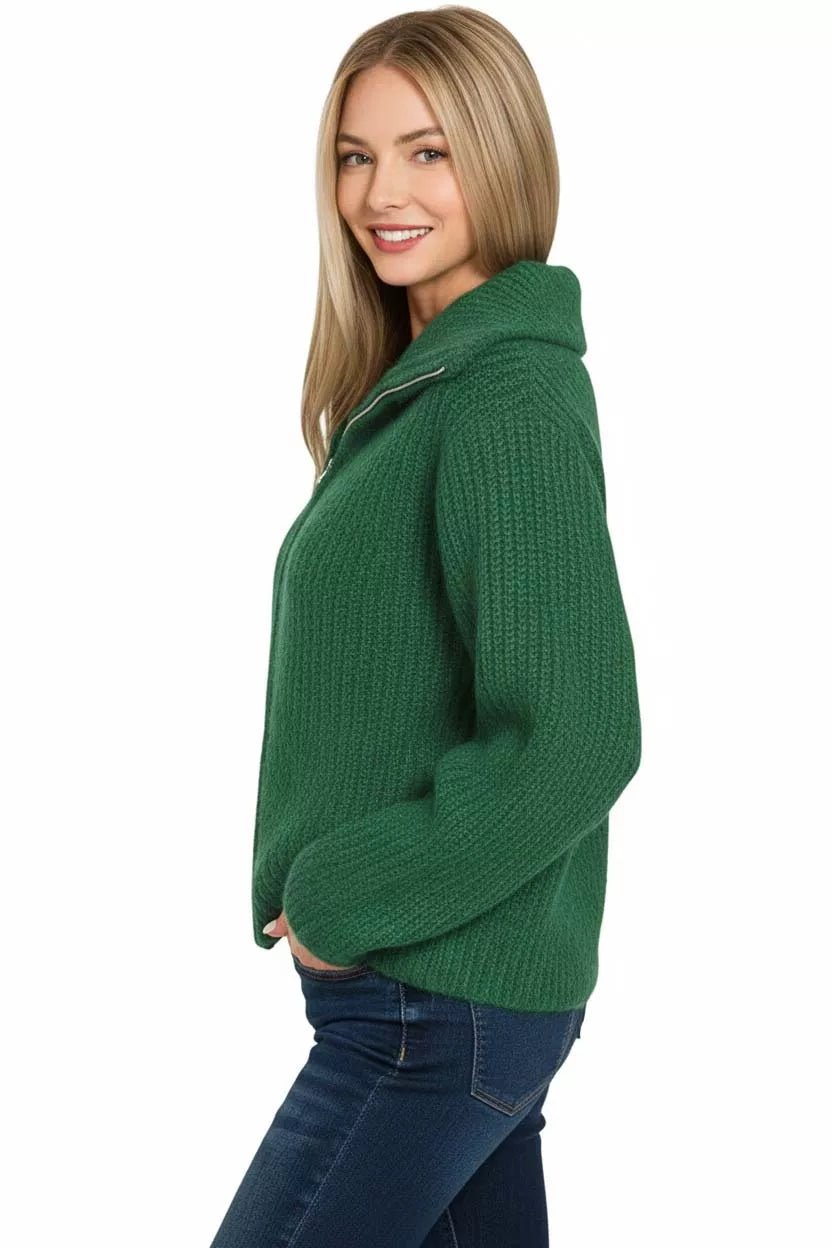 Zenana High Neck Full Zip Sweater Cardigan.