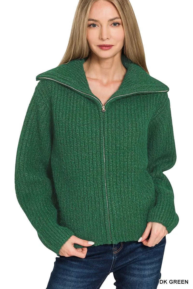 Zenana High Neck Full Zip Sweater Cardigan.