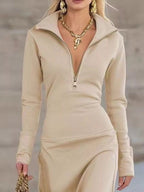 Zip Collar Long Sleeve Maxi Dress.