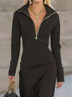 Zip Collar Long Sleeve Maxi Dress.