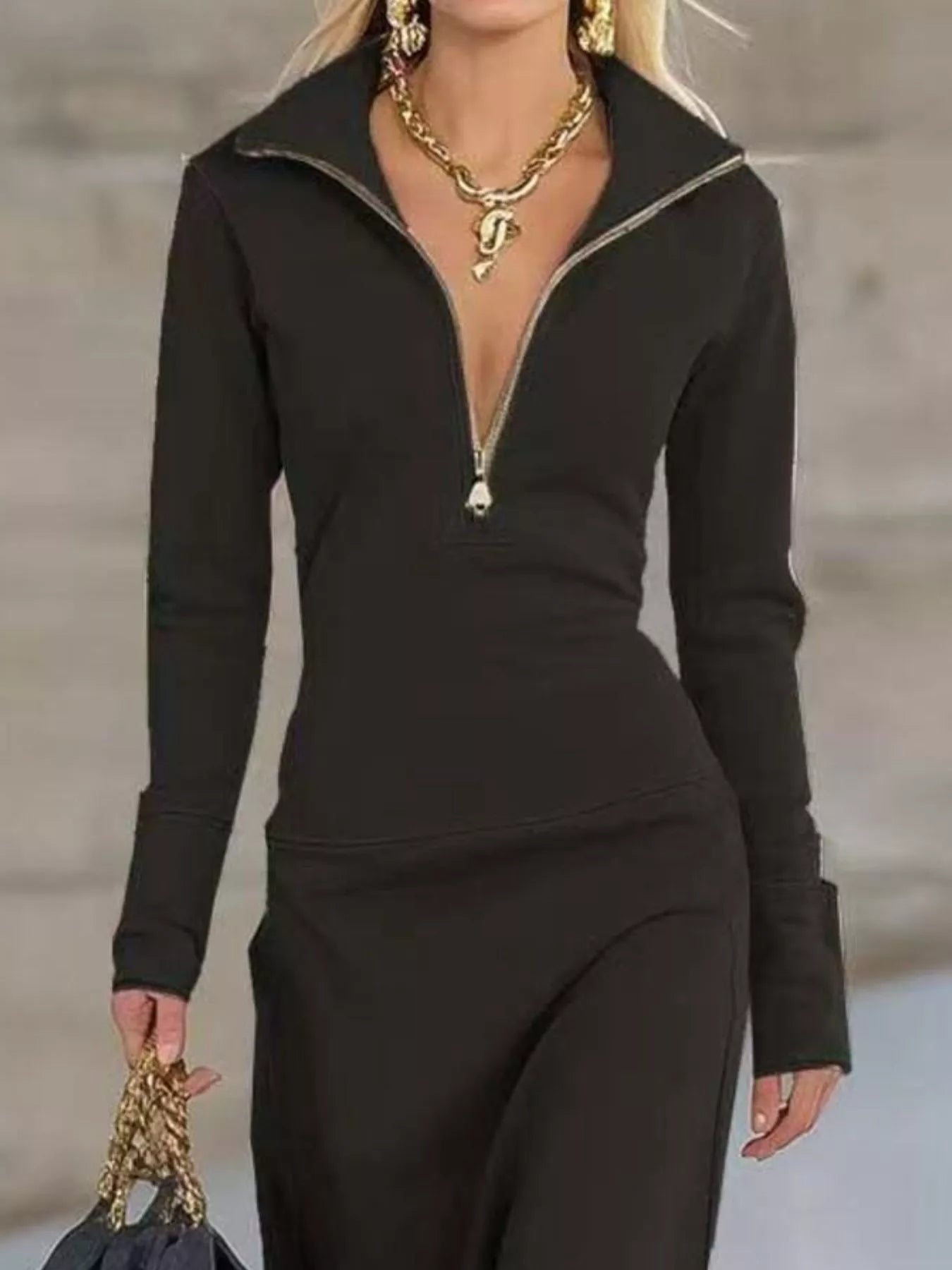 Zip Collar Long Sleeve Maxi Dress.