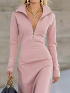 Zip Collar Long Sleeve Maxi Dress.