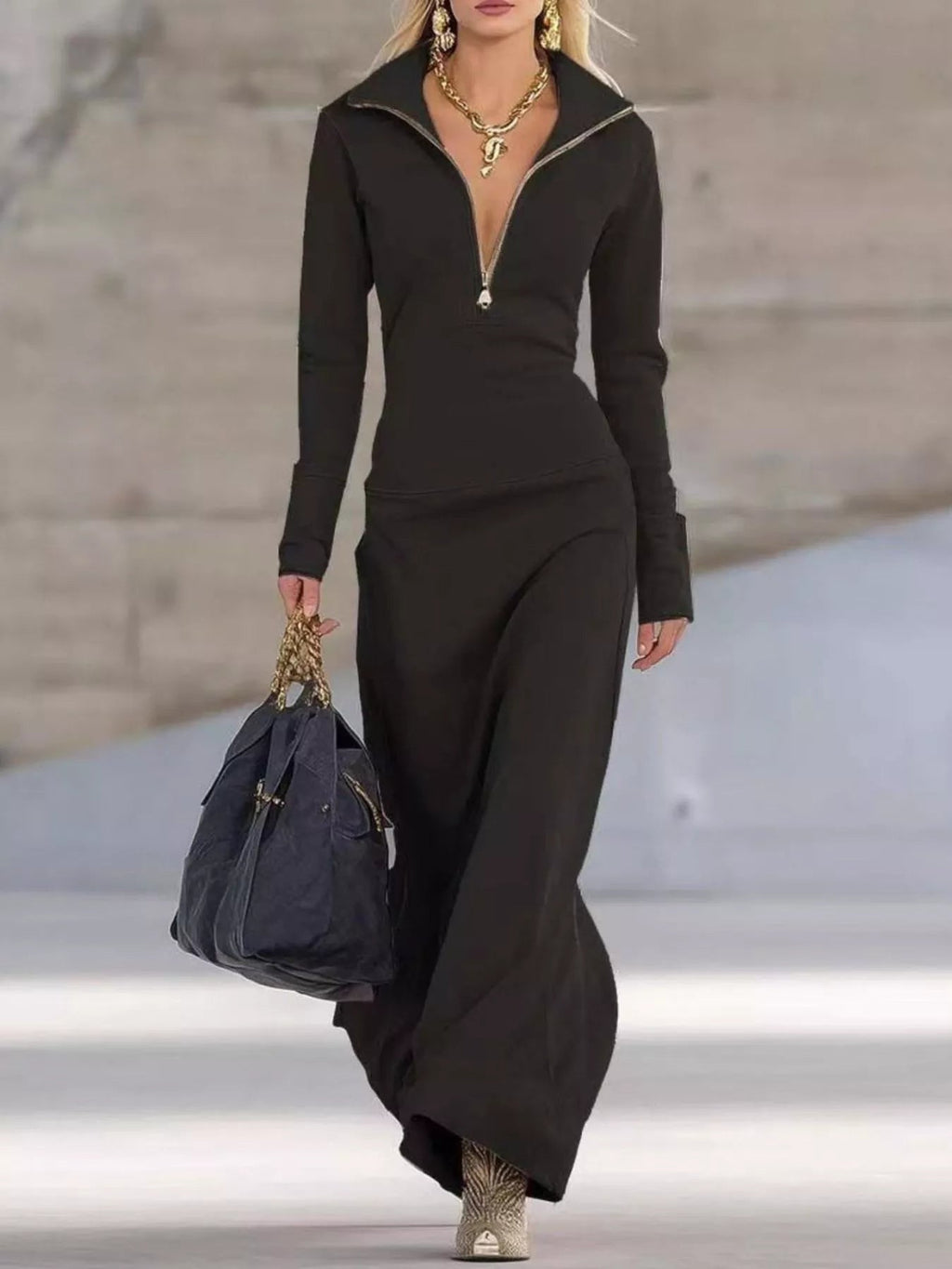 Zip Collar Long Sleeve Maxi Dress.