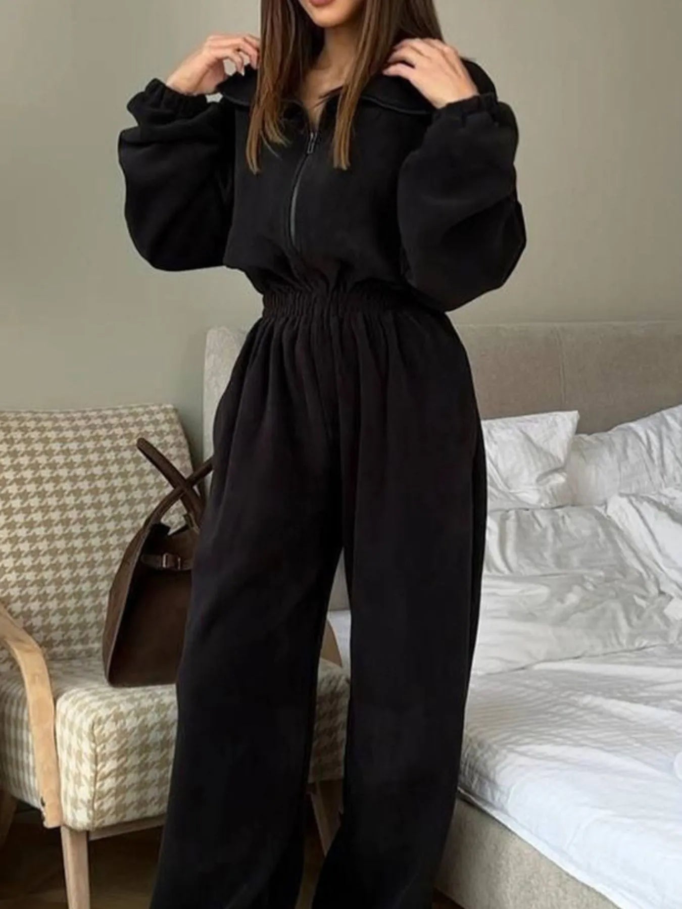 Zip Front Long Sleeve Jumpsuit.