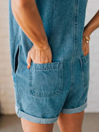 Zip Front Sleeveless Denim Romper.