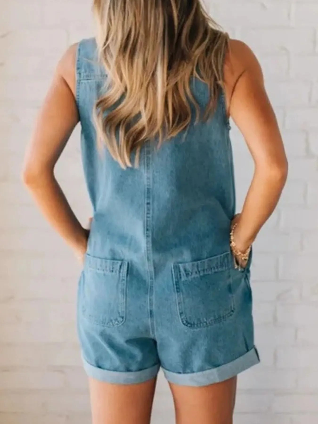 Zip Front Sleeveless Denim Romper.