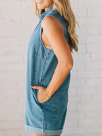 Zip Front Sleeveless Denim Romper.