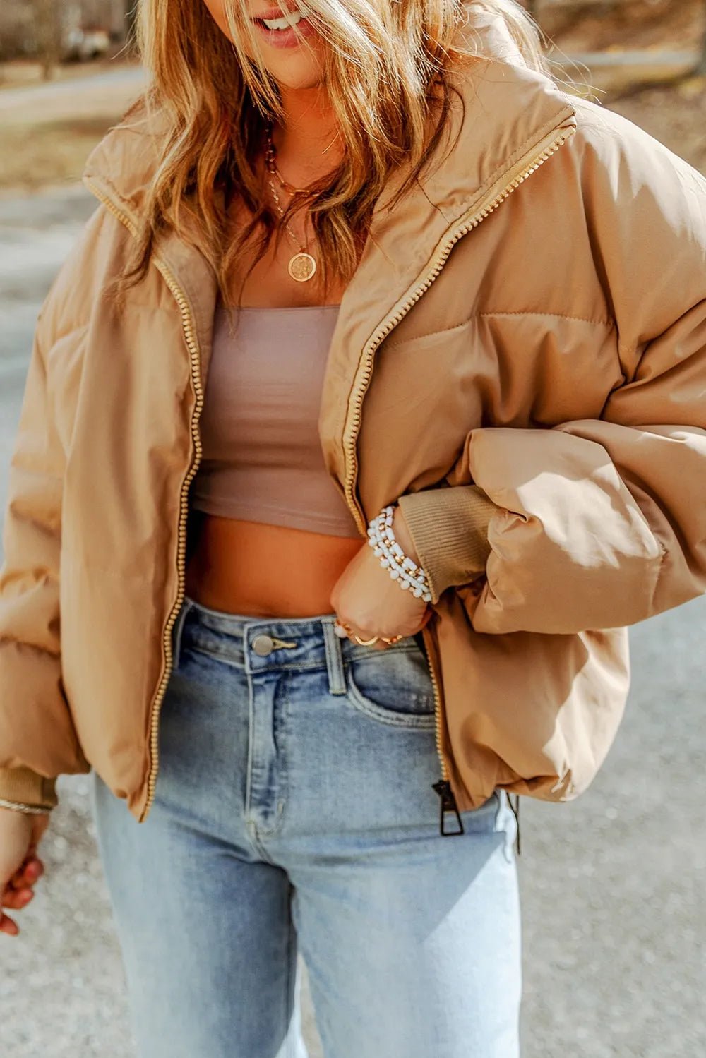 Zip Up Collared Neck Coat with Pockets.